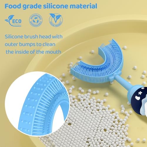 U-Shaped Toothbrush for Kids Ages 2-7， Soft Food-Grade Silicone for Sensitive Gums， 360° Teeth Cleaning Design，Training & Travel-Friendly Toddlers' Toothbrush (Blue)