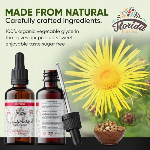 Elecampane Tincture, Organic Elecampane Extract (Inula Helenium) Dried Root Herbal Supplement, Non-GMO in Cold-Pressed Organic Vegetable Glycerin, 700 mg, 2 oz (60 ml)