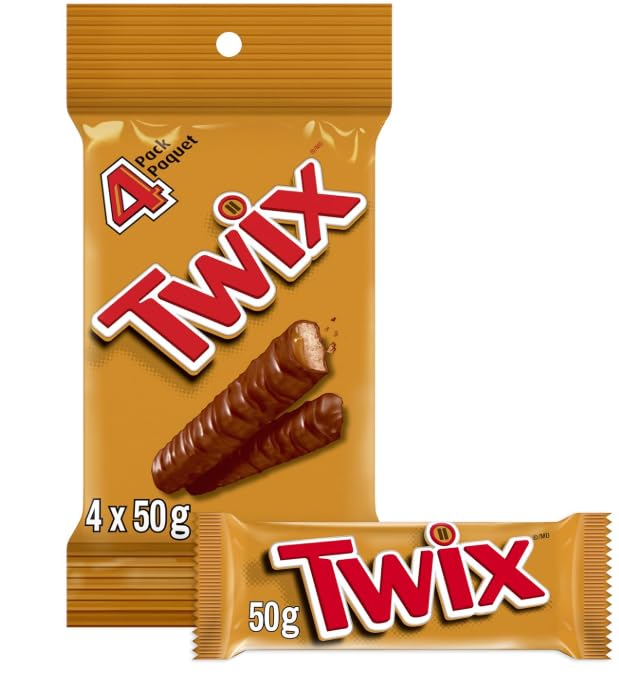 Arilon packs ofTWIX, Caramel Cookie Chocolate Candy Bar, Full Size Bar, 50g per bar (4 full size bars)