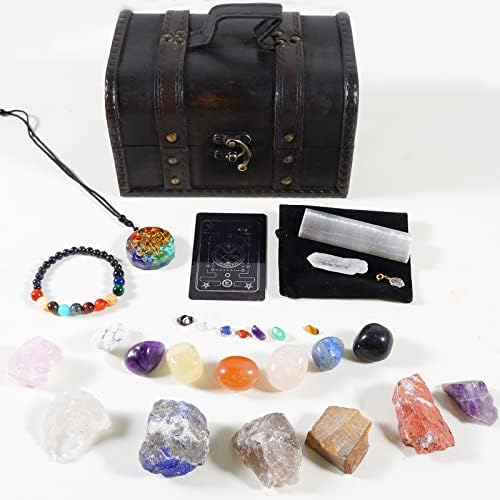 26Pcs Crystals and Healing Stone Set 14 Tumbled Stones 7 Raw Energy Stones Chakra Necklace Bracelet Quartz Crystals Selenite with Gift Box for Yoga Beginners Meditation Collection Spiritual