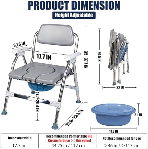 Bedside Commode for Seniors- Adjustable Height Adults Potty Chair with Arms, Elderly with Arms and Back Commode Chair, Pregnant Women & Post-Surgery - Supports 360 lbs (PU Soft Seat)