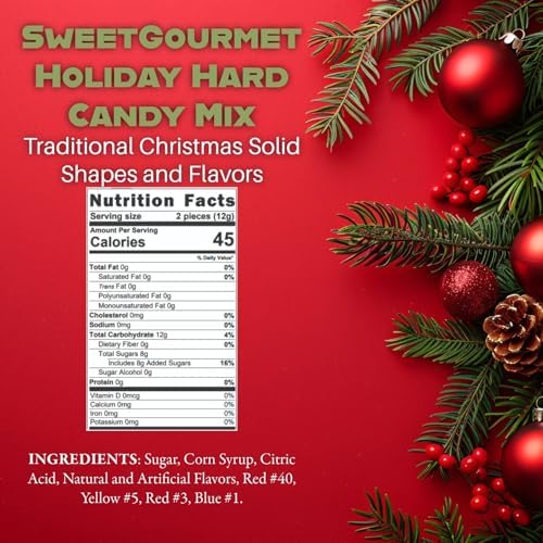 SweetGourmet Holiday Hard Candy Mix, Traditional Christmas Candies, Assorted Solid Shapes and Flavors, 1-Pound Bag