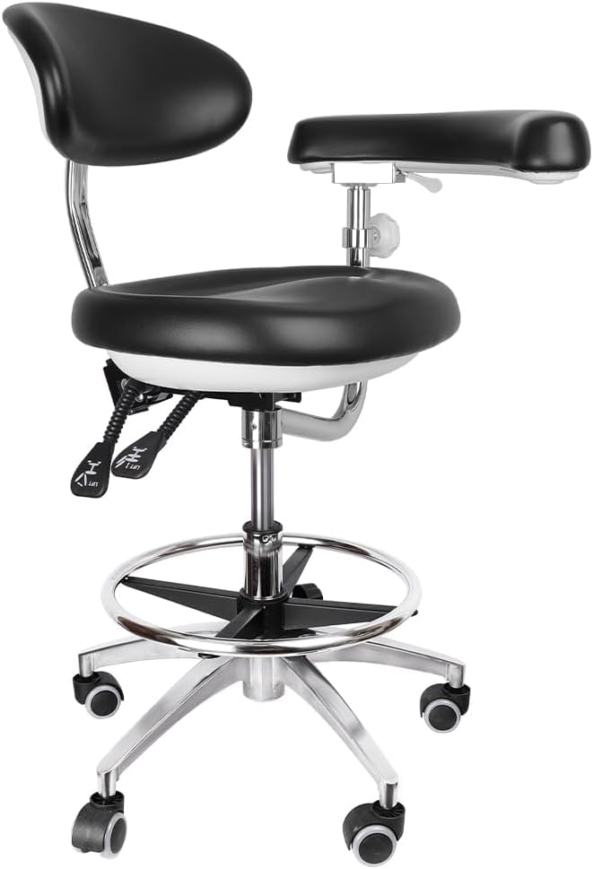 Dental Assistant Chairs, 360 Degree Rotation Armrest Black PU Leather Assistant Stool Chair Height Adjustable Doctor Chair