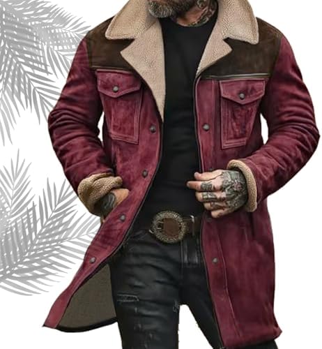 Western Jackets for Men Casual Faux Suede Loose Jacket Vintage Winter Warm Long Sleeve Plush Collar Overcoat Everyday Outfit