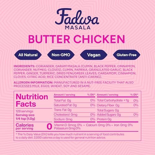 Fadwa Masala Butter Chicken Spice Mix - 4.5 oz Jar, Salt & Sugar Free, Non-Spicy Authentic Desi Spices for Pakistani & Indian Cooking, Curry, Garam Masala - No Artificial Ingredients - Gluten Free