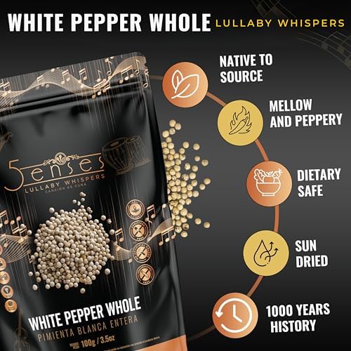 5Senses Malabar Whole White Pepper | Pimienta Blanca | Lullaby Whispers | 100% Natural, Non-GMO, Fairtrade Whole Spices, Gourmet Spice, Kosher and Vegan Spices (3.5oz/100g)