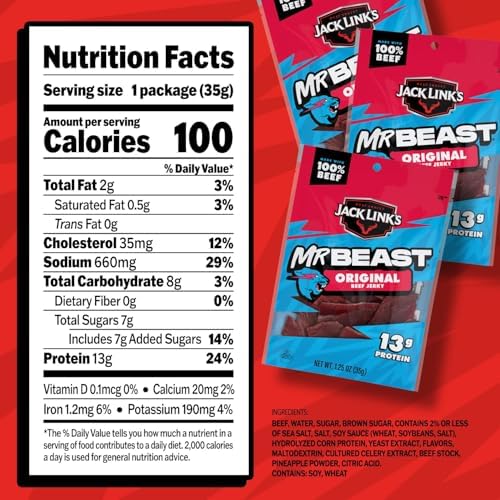 Jack Link's x MrBeast Original Beef Jerky - (10 Pack) 1.25 oz Bags - Ready to Eat Protein Snacks - 13g Protein per Serving - Made with 100% Real Beef