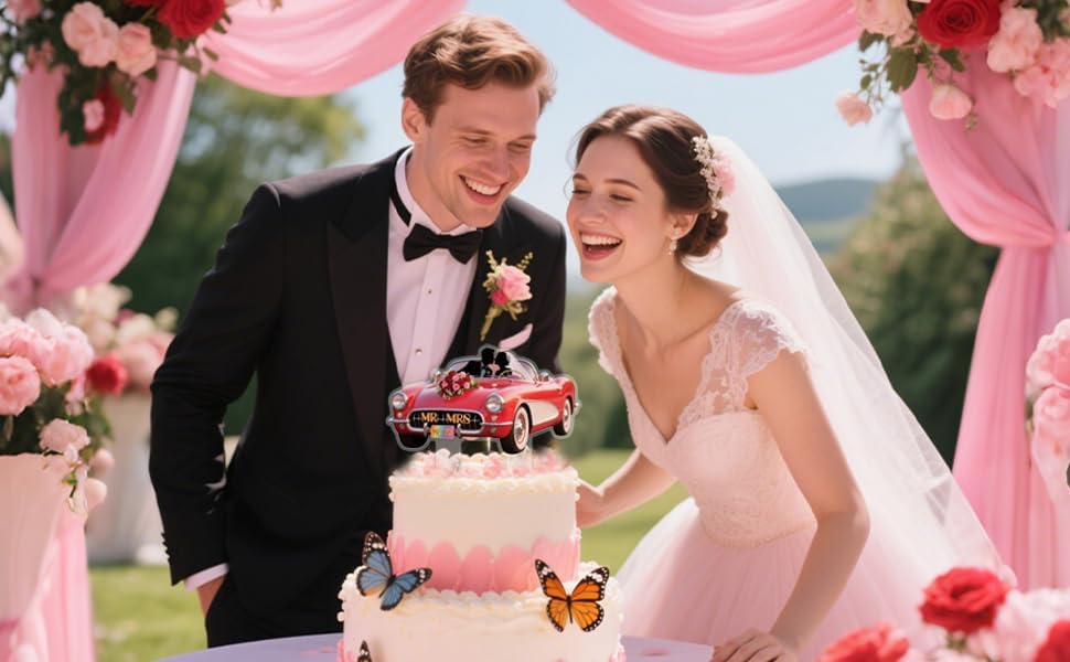 Mr & Mrs Cake Topper - Wedding Cake Topper Car Acrylic Wedding Cake Decoration for Bride & Groom, Anniversary, Engagement, Just Married Party (2D)