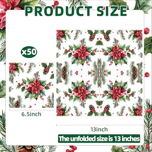 50 Pcs Christmas Poinsettia Paper Napkins, Disposable Holiday Cocktail Napkin with Red Flower, Holly, Pinecone, and Berry Design for Xmas Dinner, Winter Birthdays, Weddings, Seasonal Table Decorations