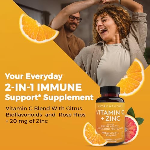Viva Naturals Vitamin C and Zinc Supplement (250 Capsules) - 1000 mg Vitamin C with Zinc 20 mg Antioxidant Supplements for Immune Support, Vitamin Supplement for Adults