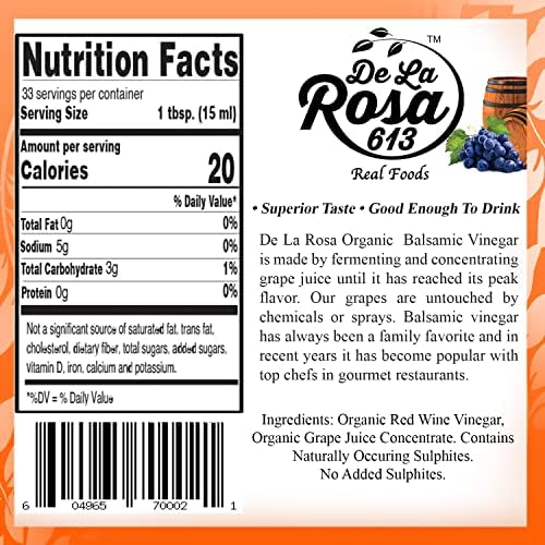 De La Rosa Organic Balsamic Vinegar, Kosher for Passover, Vegan & Gluten Free, Balsamic Vinegar Dressing for Salads and Marinades, 16.9 oz (Pack of 2)