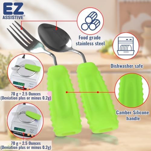 EZ Assistive Adaptive Weighted Utensils Set – Spoon and Fork for Hand Tremors, Parkinson’s, Elderly, and Arthritis – Adaptive Eating Utensils for Weak Grip and Limited Mobility