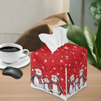 Christmas Penguin Tissue Box Cover Square Leather Tissue Holder Container for Bathroom Red Xmas Paper Box Holder Decorative Organizer for Tabletop