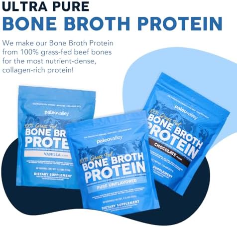 Paleovalley 100% Grass Fed Beef Bone Broth Protein Powder - Rich in Collagen Peptides for Hair, Skin, Gut Health, Bone and Joint Support - 15g Protein Per Serving - No Gluten or GMOs
