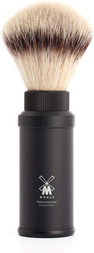 MÜHLE Travel Black Aluminum Silvertip Fibre Shaving Brush - Portable Synthetic Luxury Shave Brush for Men, Rich Lather