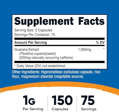 Nutricost Guarana 1000mg Serving, 150 Vegetarian Capsules - Natural Herbal Brazilian Caffeine Energizer Supplement