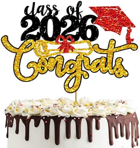 Congrats Class of 2026 Cake Topper - Black Gold Glitter Congrats Grad Cake Decor for Senior High School/University Graduation/College/So Pround of You/2026 Graduation Party Cake Supplies Decoration