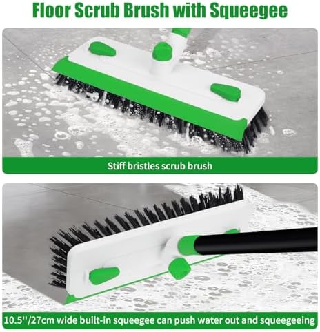 Floor Scrub Brush with Long Handle, 3-in-1 Scrape Scrubber Brush with Squeegee Stiff Bristle Deck Brush for Cleaning Tile Bathroom Patio Deck Garage Grout Kitchen
