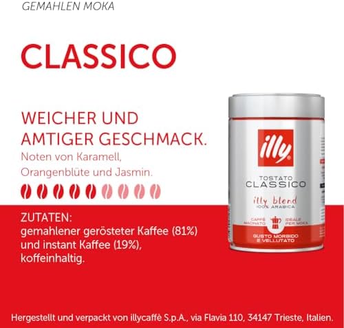 illy Ground Coffee Moka - 100% Arabica Flavored Coffee Ground - Rich Aromatic Coffee Grounds Profile – Classico Medium Roast - Notes of Caramel, Orange Blossom & Jasmine - No Preservatives – 8.8 Ounce