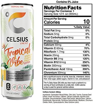 CELSIUS Sparkling Tropical Vibe, Functional Essential Energy Drink, 12 Fl Oz (Pack of 24)
