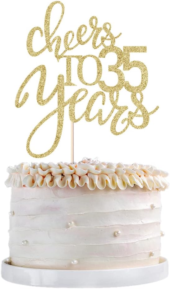 Gold Glitter Cheers to 35 years Cake topper, Happy 35th Birthday Cake Decorations,Perfect for 35 Years Cake Decorating,Wedding/Anniversary Party Decorating supplies.