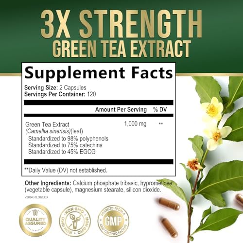 Green Tea Extract 1000mg Per Serving - Standardized 45% EGCG & 98% Polyphenols - 3X Strength Green Tea Pills for Energy, Supports Heart Health, Herbal Supplement, Vegan, Bottled in USA - 240 Capsules