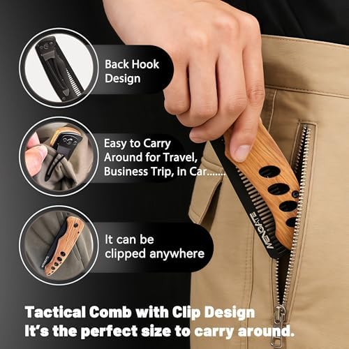 1PC Small Folding Pocket Beard & Mustache & Hair Styling Comb for Men - Metal Tactical Grooming Tool with Wooden Handle for Travel & Home Use - Idea for Stocking Stuffers - Length 6.57inch - Black