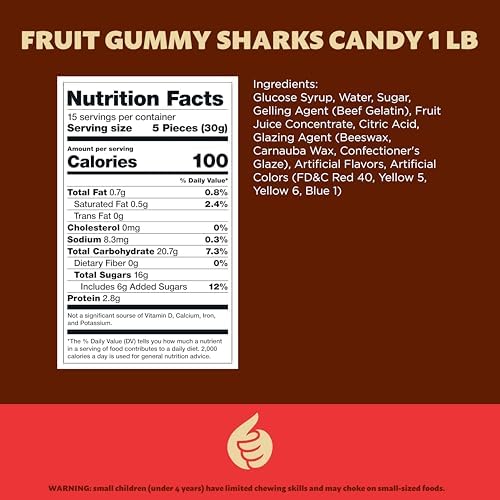 Gummy Sharks Candy Mix | 1 Pound Bag | Assorted Fruit Flavors Shark Gummies | Chewy Gummy Fish for Parties and Candy Buffets | Blue Raspberry, Lime, Lemon, Cherry