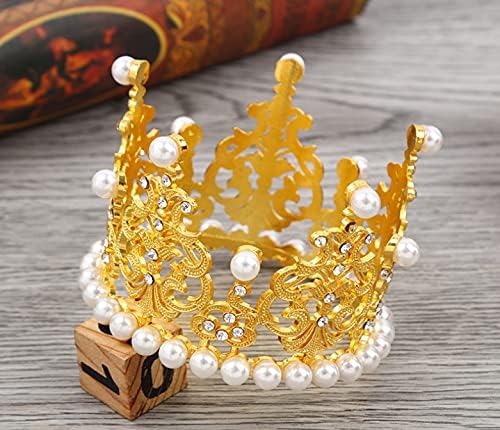 Women Girls Retro Man-made Pearl Crown Bride Tiara Cake Topper Decoration For Wedding Birthday Prom Queen Pageant