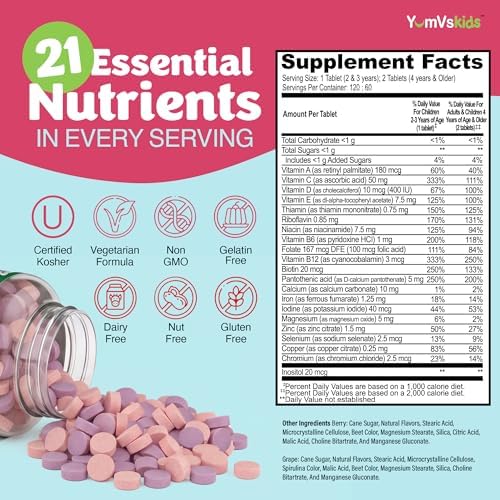 YumVs Kids Multivitamin with Iron & Minerals Chewable Tablets – Grape & Berry Flavor Vitamins for Toddlers & Children Age 2+ – Daily Multivitamin for Immune Support – Kosher, Non-GMO – 120 Chewables