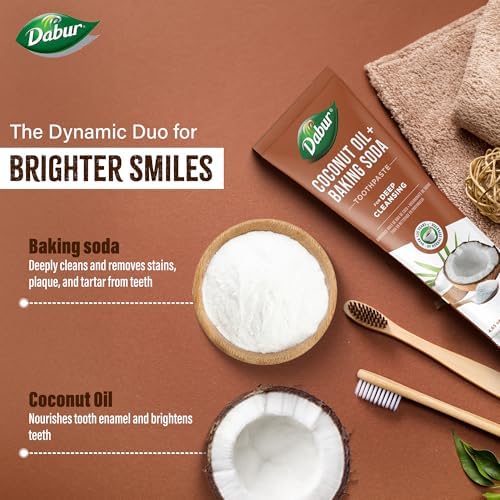 Dabur Coconut Oil Baking Soda Toothpaste | 100 ml | Teeth Brightening Toothpaste | Fights Plaque, Stains, Bad Breath & Bacteria | Deep Cleanse, Paraben Free, SLS Free, No Alcohol | Pack of 1