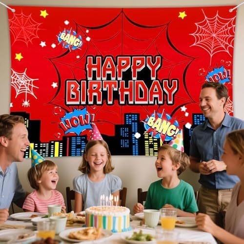 Red Spider Web Backdrop for Birthday Party Decoration, 7 x 5ft Photo Background Banner Red and Blue Cartoon Theme Party Supplies for Boys Baby Shower Wall Decor Photo Booth Props (7 x 5ft)