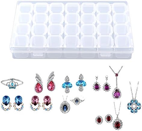 Pill Organizer - Medicine Organizer - Vitamin Organizer - Plastic - Clear - 28 Slots - Adjustable Jewelry Storage Box Container