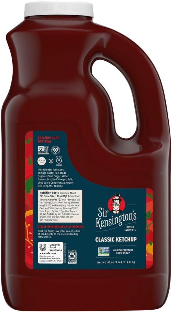 Sir Kensington's Classic Ketchup, Plastic Jug, Non-GMO, No Artificial Colors, No Artificial Flavors, Soy Free, Gluten Free, Vegan, 148oz Jug, Pack of 4