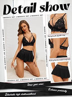 PITINAN Sexy Lingerie for Women Naughty 3 Piece Lace Bralette, Mini Skirt with G-String Crotchless Teddy Lingerie Set