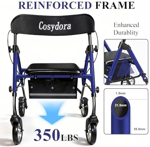 Cosydora Rollator Walkers for Seniors with Seat, 13.6 Lbs Ultra Lightweight Foldable Rolling Walker, 350Lbs Heavy Duty Aluminum, 8" All Terrain Wheels, Dual Adjustable Height, Navy Blue