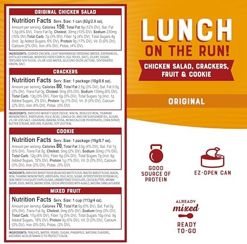Bumble Bee Lunch On The Run Chicken Salad with Crackers Kit, 8.2 oz (Pack of 4) - Ready to Eat, Includes Crackers, Cookie & Mixed Fruit - Shelf Stable & Convenient Source of Protein, Easy Open Can