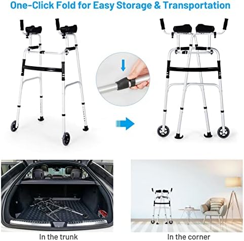 Goplus Walkers for Seniors, Foldable Standard Walker with 5’’ Wheels and Removable Padded Armrests 440lbs, Lightweight Walking Mobility Aid, Folding Platform Walker for Elderly, Handicap, Disabled