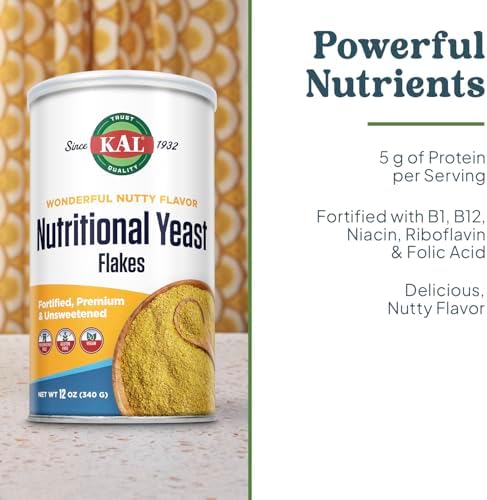 KAL Nutritional Yeast Flakes, Fortified with B12, Folic Acid & Other B Vitamins, Unsweetened, Great Nutty Flavor, Vegan & Gluten Free, 60-Day Money Back Guarantee, Made in the USA, 34 Servings, 12oz