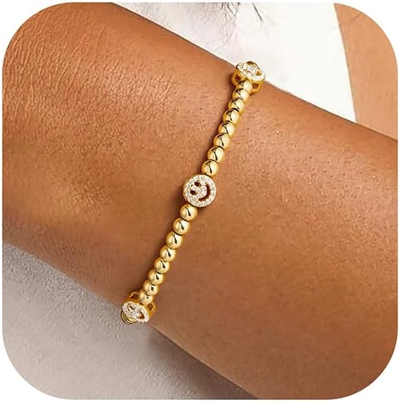 M MOOHAM Gold Beaded Bracelets for Women Girls, 14K Gold-Plated Dainty Cross Puffy Heart Round Cubic Zirconia Stretch Bead Ball Bracelet for Women Teen Girls Trendy Jewelry Gifts