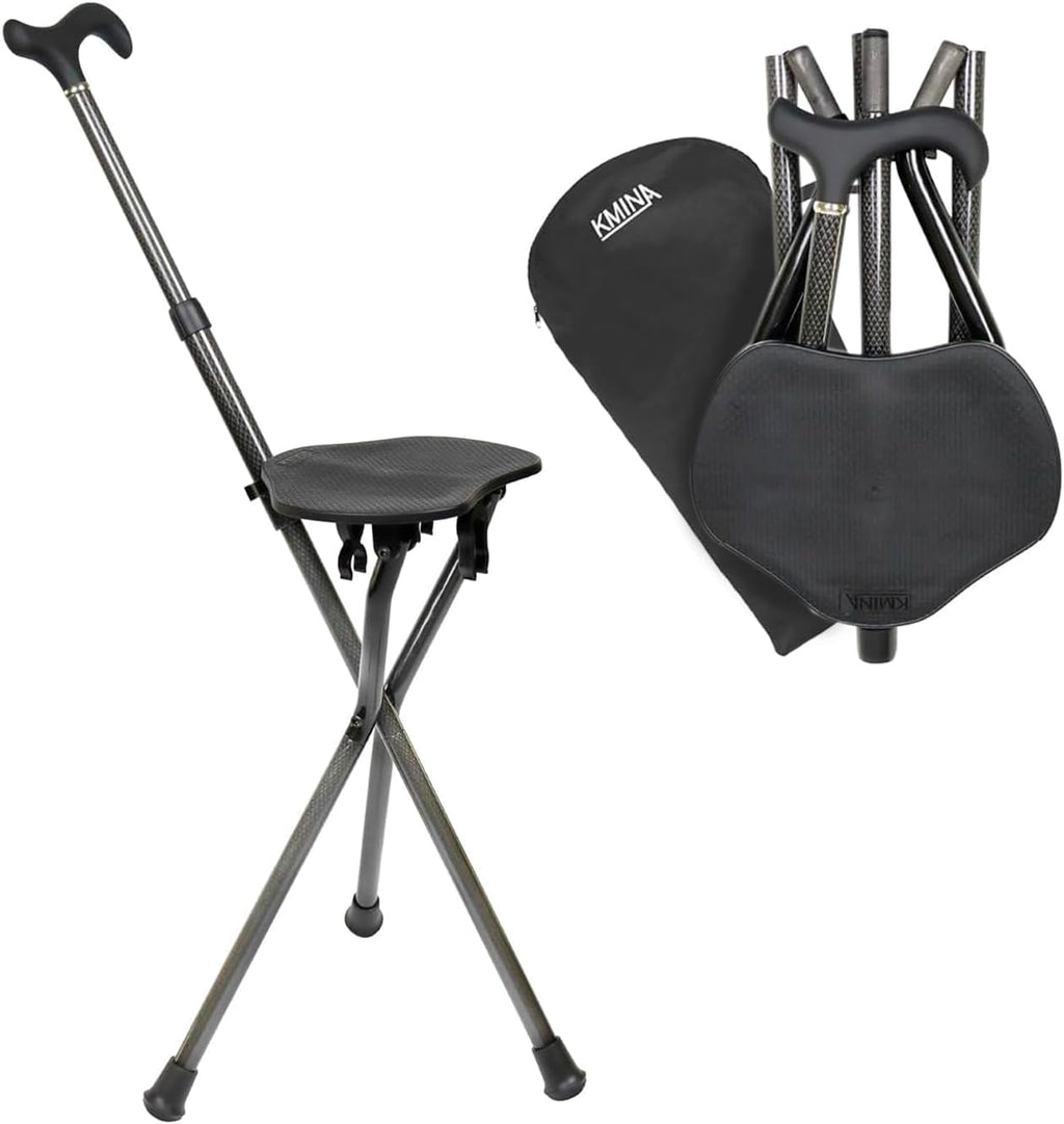 KMINA Cane with Seat Folding Lightweight, Carbon Fiber, Height Adjustable, Cane Chair for Woman and Men, Black, PRO Model