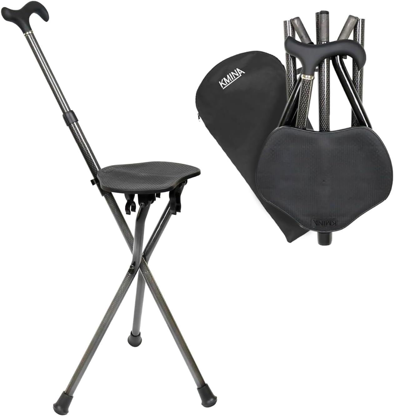 KMINA Cane with Seat Folding Lightweight, Carbon Fiber, Height Adjustable, Cane Chair for Woman and Men, Black, PRO Model