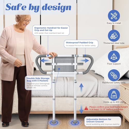 Bedside Rail for Elderly Safety Adjustable Bed Aid with Storage Pocket, Non-Slip Handle, 400 lbs Gravity Capacity -Gray (Stand-Compatible with Bed Frames 13.19" or Higher)