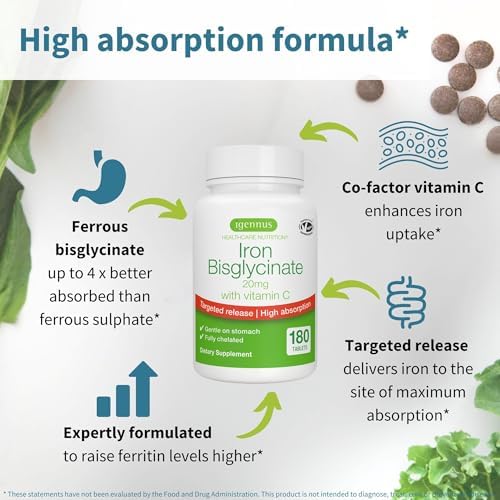 Igennus Clean Iron Bisglycinate 20mg, Vitamin C, 6 Month Supply, Gentle Chelated High Absorption Formula & Targeted Release Ferrous Bisglycinate for Women and Men, One Daily, Vegan, 180 Tablets