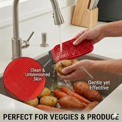 3-in-1 Silicone Dish Sponge - BPA-Free Food-Grade Cleaning Brush with Dual-Sided Scrubber & Scraper, Hanging Hole Fast-Dry Reusable for Dishes/Fruits/Vegetables (Red 1PCS)