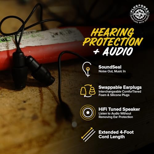 Plugfones Guardian Earplug Headphones - OSHA Compliant Noise-Reducing in-Ear Headphones with Hearing Protection - Wired Hybrid Design for Work and Travel - Includes Silicone & Foam Earplugs - Black