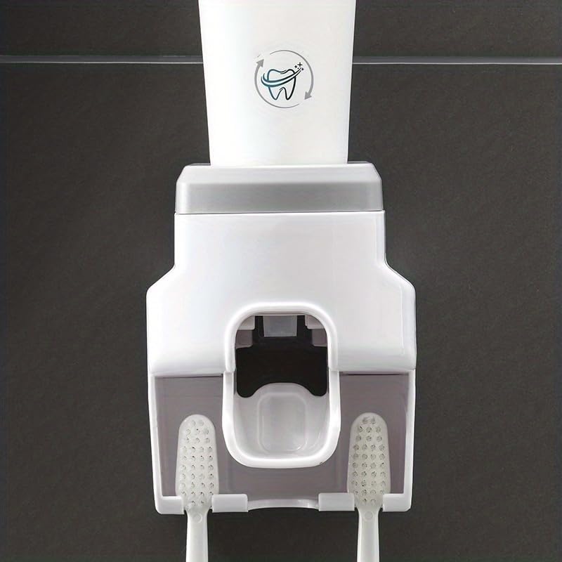 Automatic Toothpaste Dispenser Wall Mounted-Hands-Free Toothpaste Squeezer with 2 Toothbrush Holders & Strong Adhesive - Smart Bathroom Organizer for All Ages
