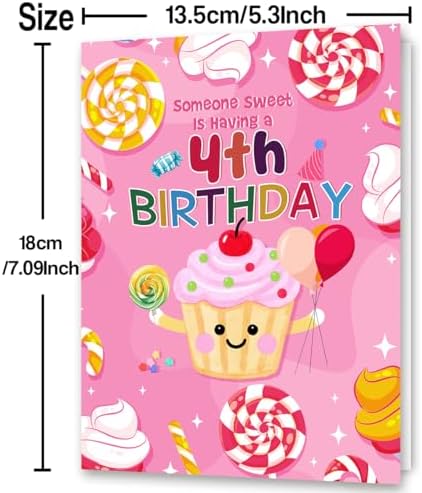 Hongshan 4th Birthday Card for Girl,Birthday Gift Idea for 4 Year Old Daughter Granddaughter Niece,Cupcake and Candy Bday Decorations