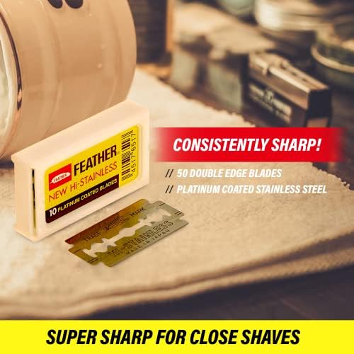 Feather Double Edge Safety Razor Blades - (50 Count) - Platinum Coated Hi-Stainless Steel Razor Blades - Fits Most Safety Razors - Super Sharp for Close Shaves - Japanese Quality