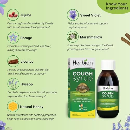 HERBION Naturals Cough Syrup with Honey, Relieves Cough & Soothes Sore Throat, Optimizes Immune, Promotes Lung Function, for Adults & Kids 13 Months+, 5 Fl Oz, Pack of 1